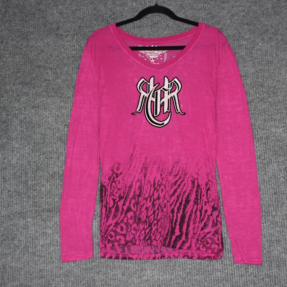 Rock and Roll Cowgirl Pink V Neck Long Sleeve Graphic T Shirt Women's XL